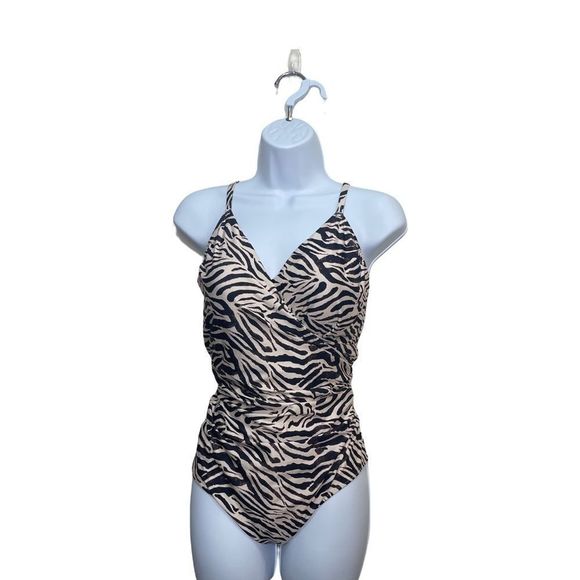 H&M Zebra Print Shaping One-piece Swimsuit khaki Sz 12 US - Picture 3 of 10